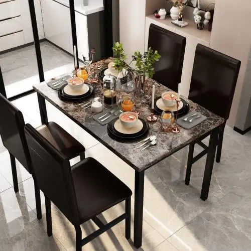 Marble Dining Table Set For 4 With PU Leather Chairs