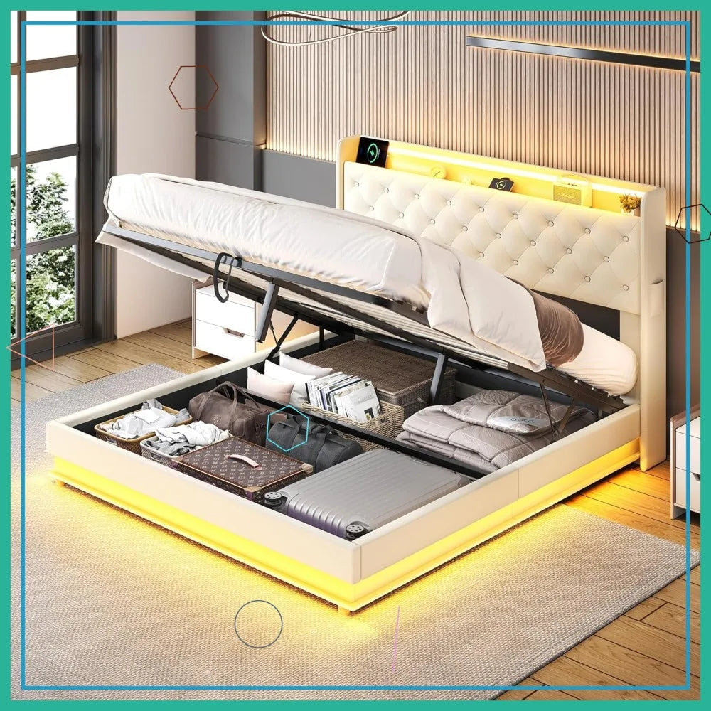 Lift Up Storage Bed With LED Lights And Charging Station