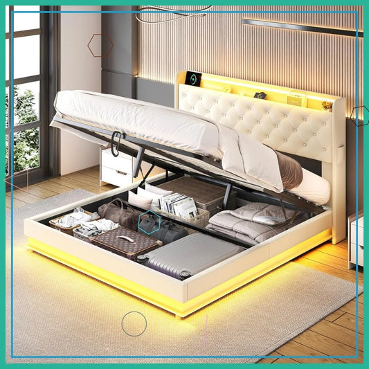 Lift Up Storage Bed With LED Lights And Charging Station