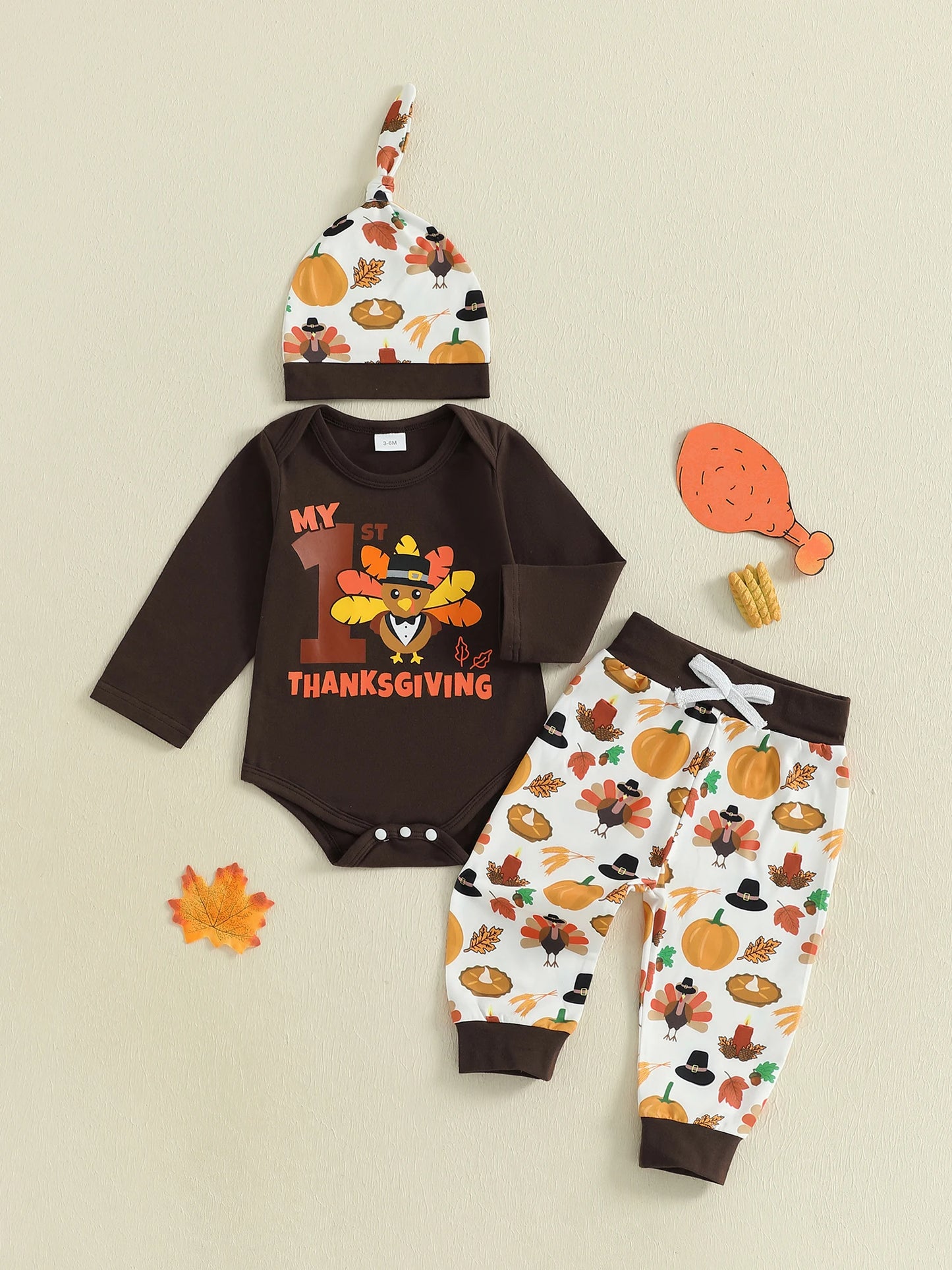 Thanksgiving Turkey Print Baby Boy 3Piece Outfit Set With Hat