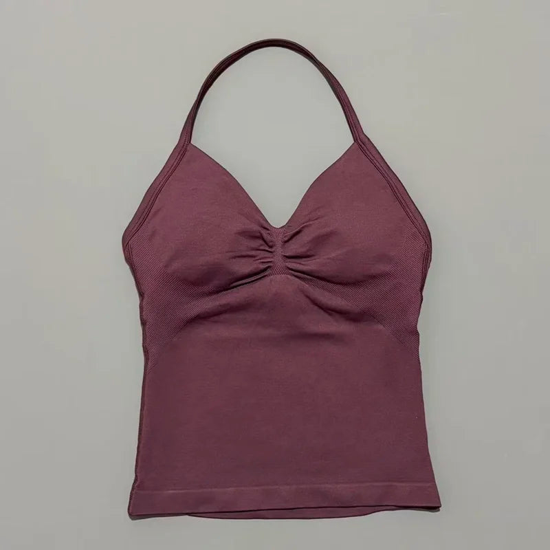 Women Gym Halter Top Longline Strappy Yoga Tank Removable Cups