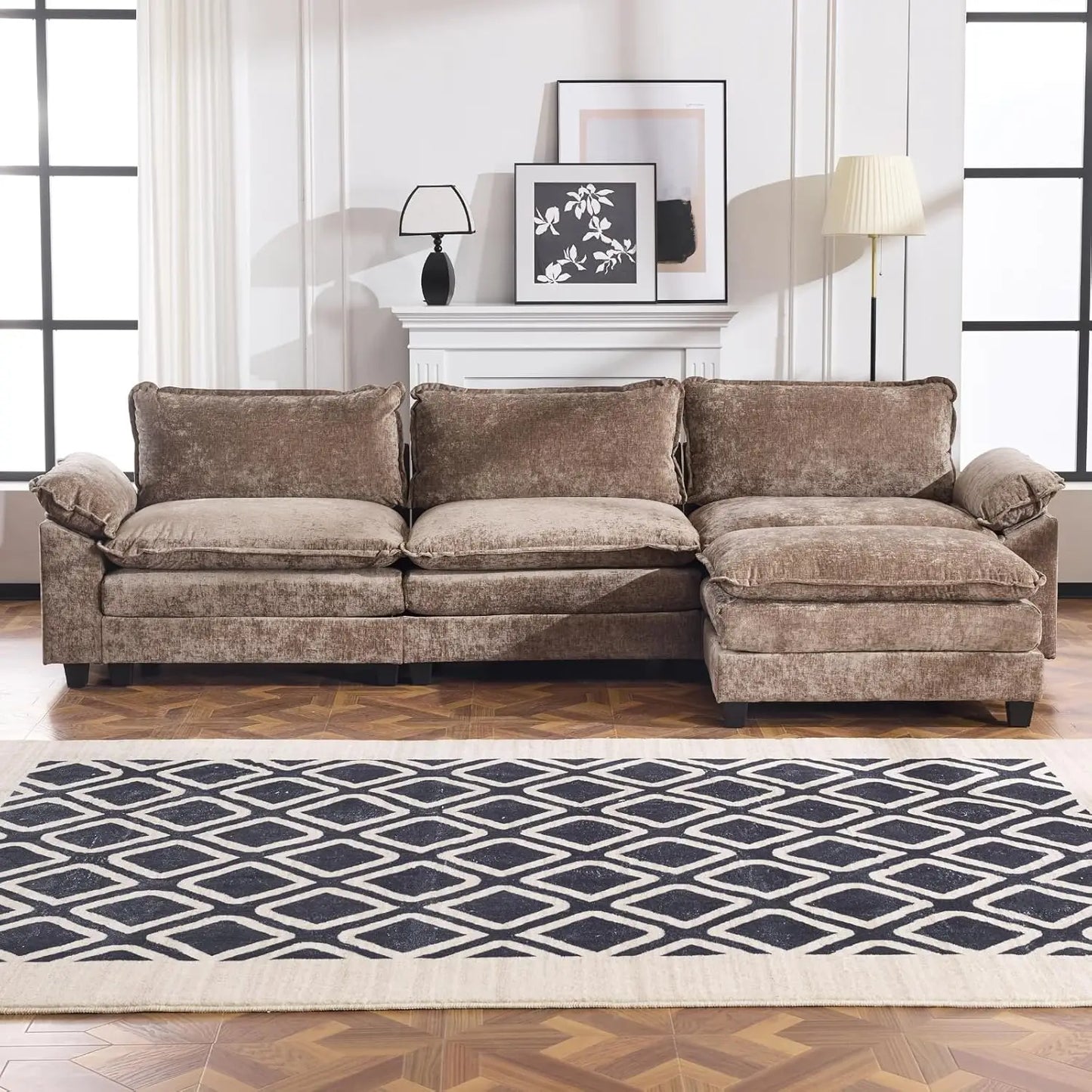 Premium Contemporary L Shaped Chenille Upholstered Sectional Sofa Featuring Ottoman