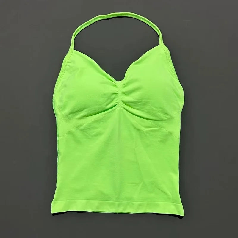 Women Gym Halter Top Longline Strappy Yoga Tank Removable Cups