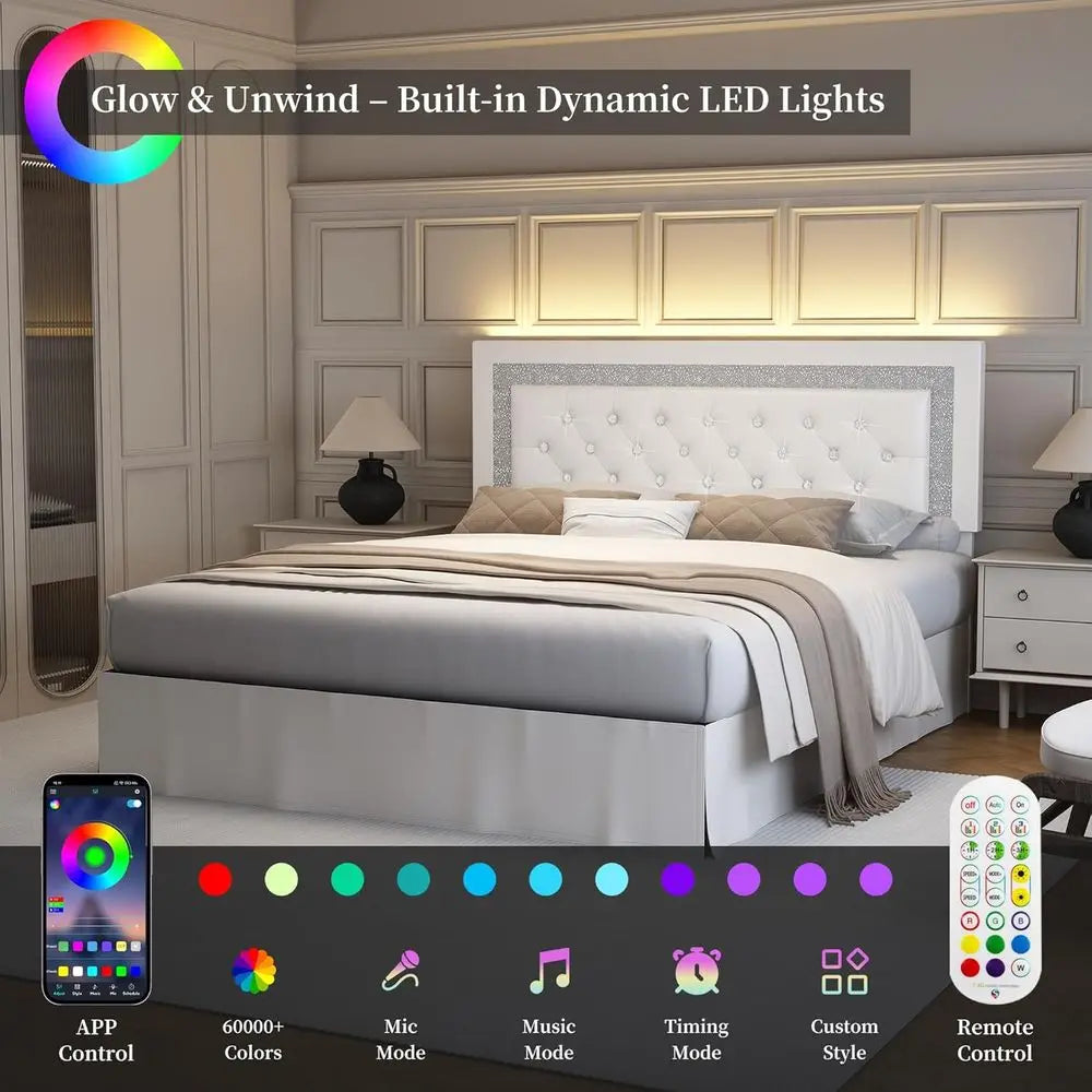 Upholstered Queen Bed Frame With Adjustable Headboard And LED Lights