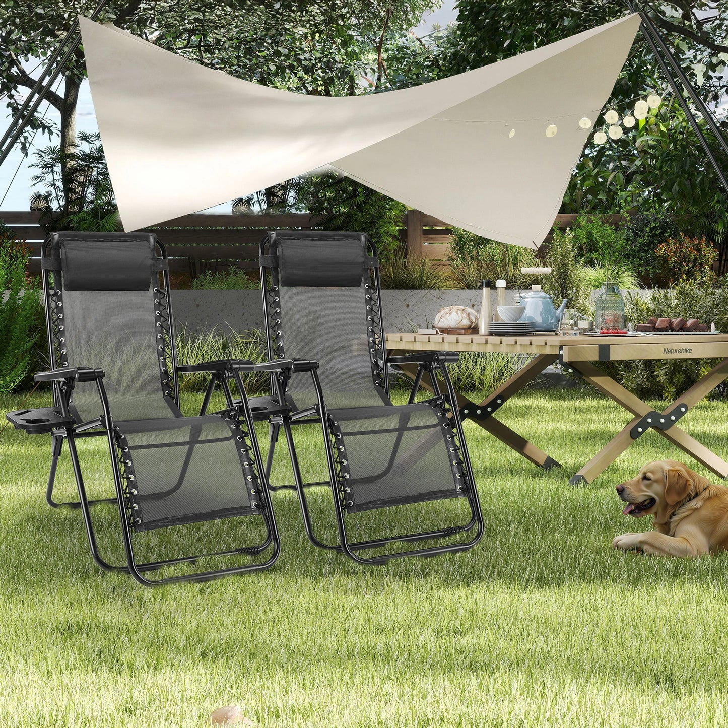 JHK Portable Zero Gravity Recliners Set Of 2 With Cup Holder Trays