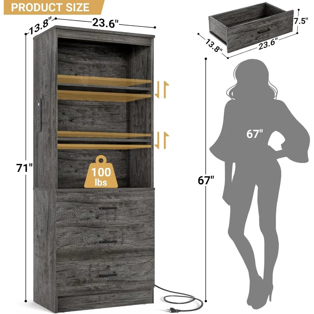 Bookshelf With USB Ports And Outlets, Three Drawer Cabinet And Shelves