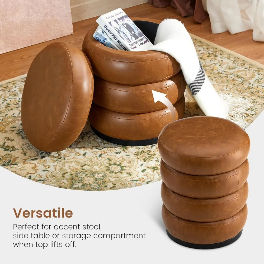DAFIFY Round PU Leather Storage Vanity Ottomans Set of 2
