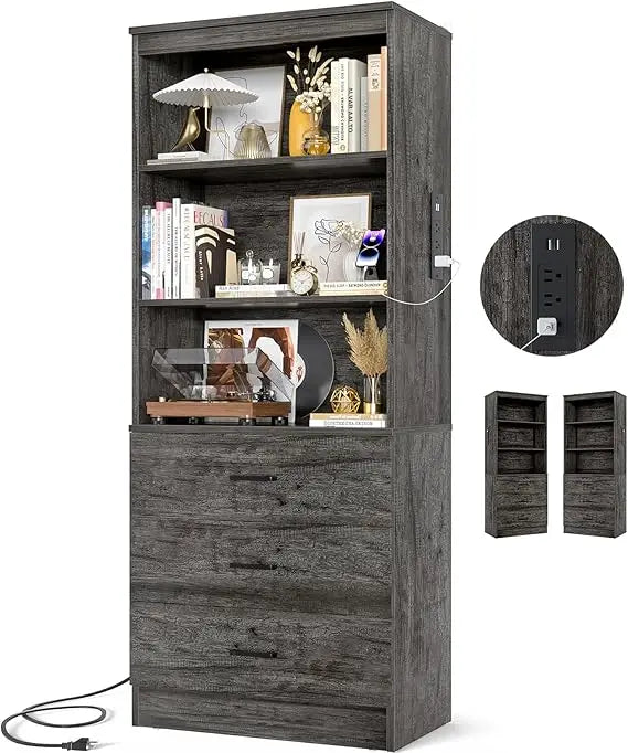 Bookshelf With USB Ports And Outlets, Three Drawer Cabinet And Shelves