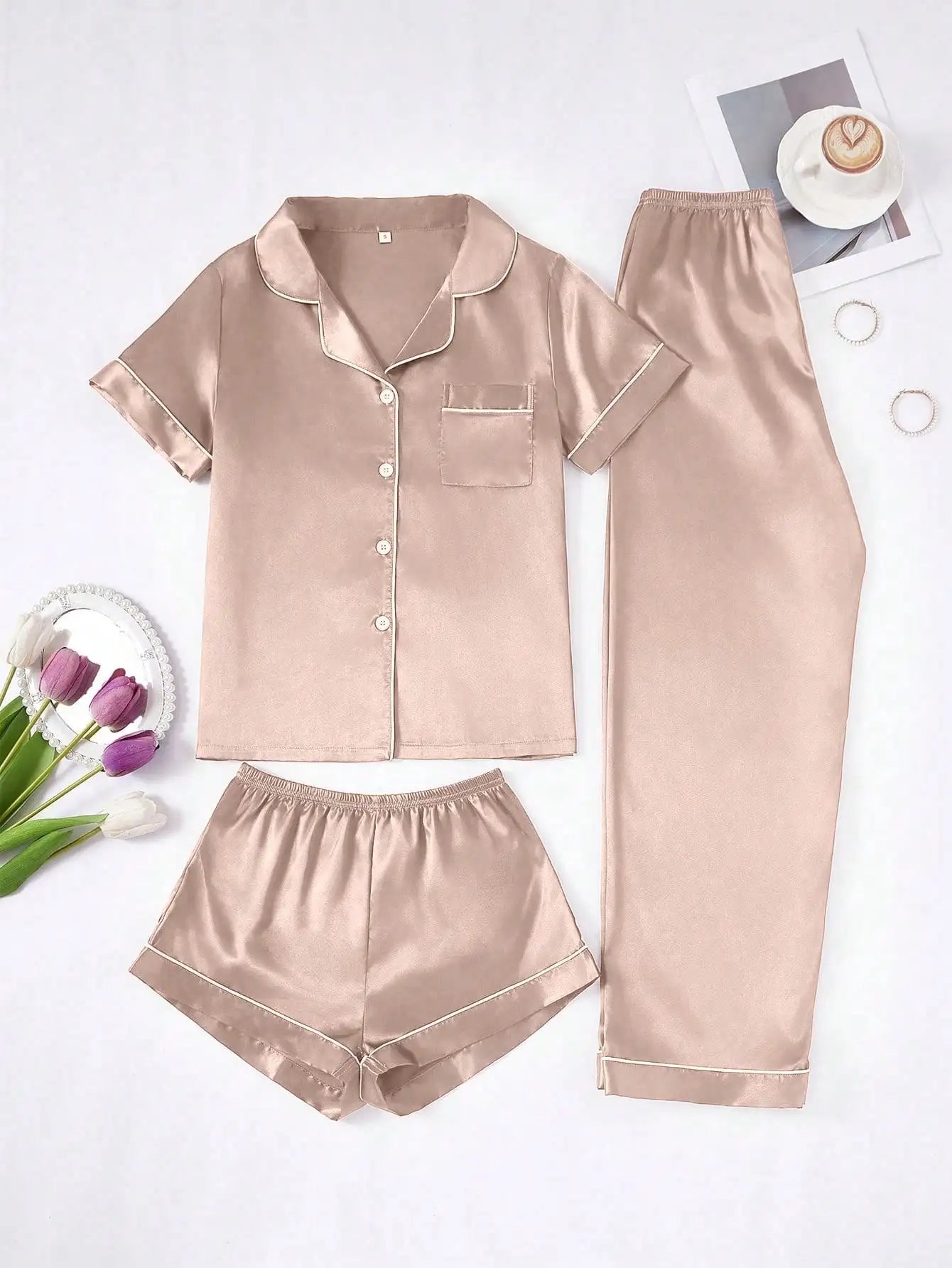 Faux Silk Pajama Set For Women Button-Down Top And Pants