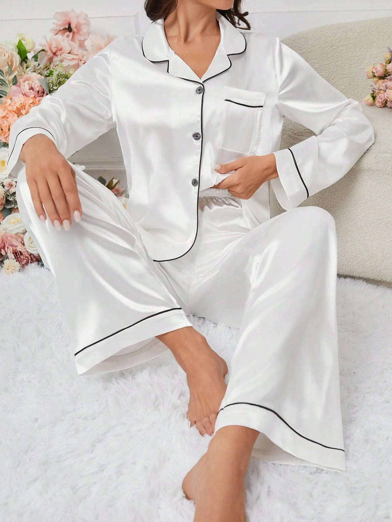 Silky Satin Pajama Set With Piping Button Front Top