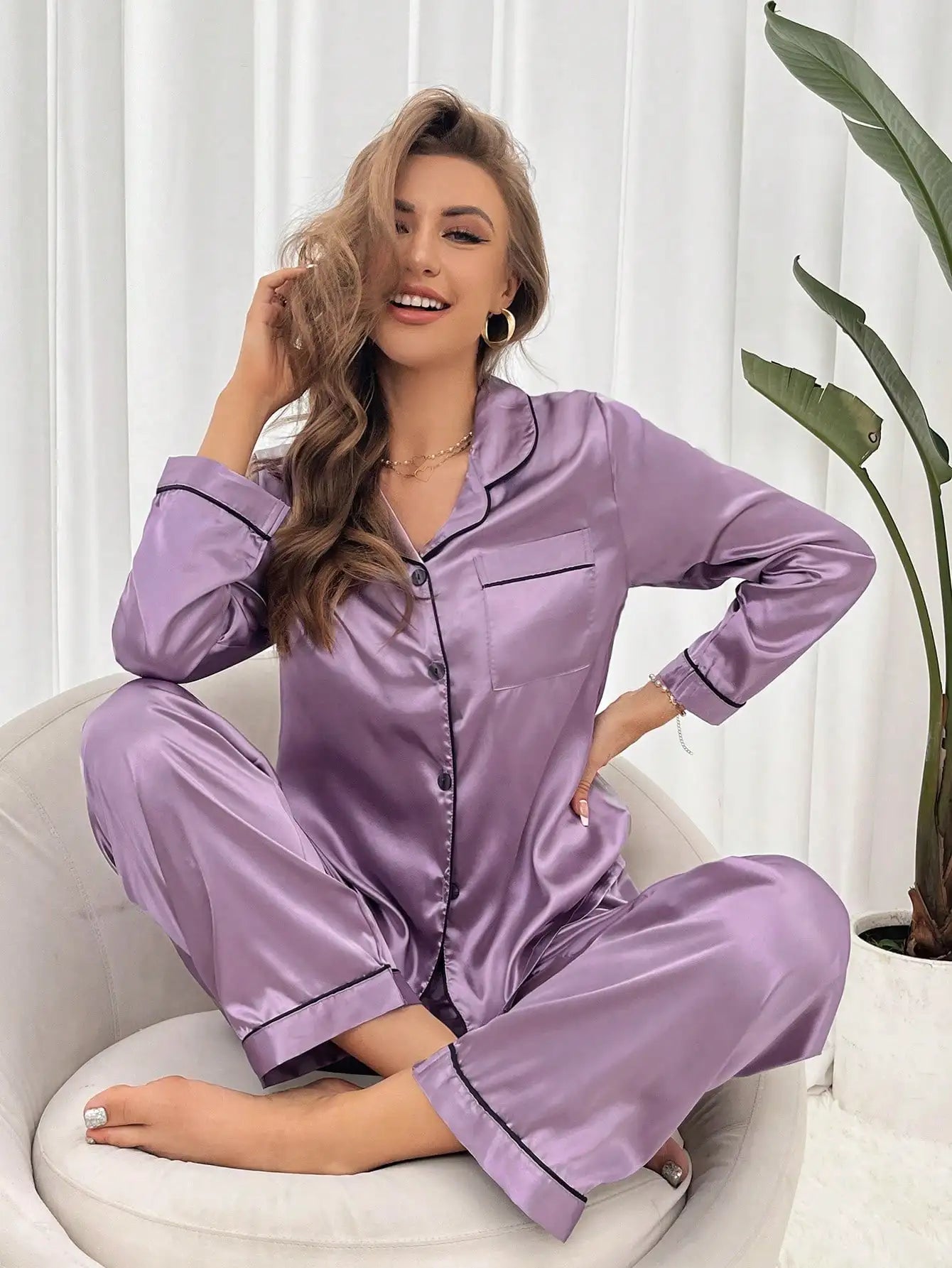 Silky Satin Pajama Set With Piping Button Front Top