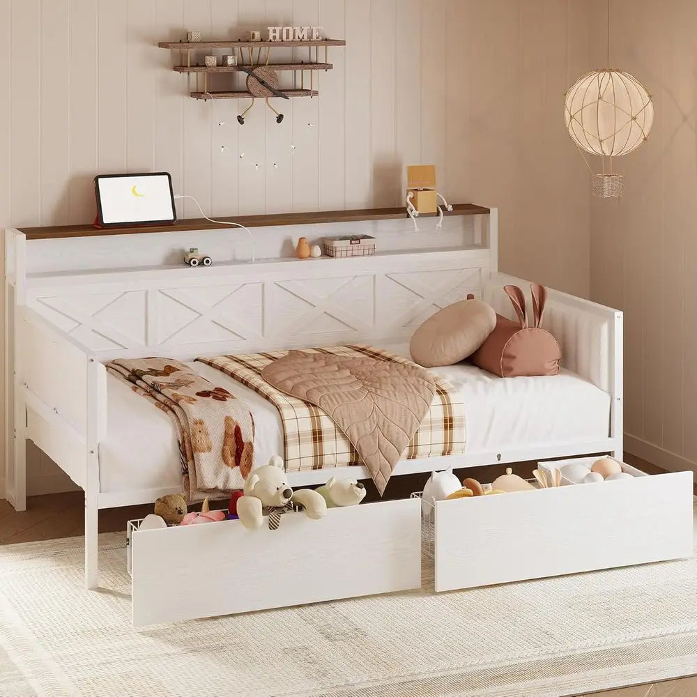 Twin Daybed With Storage Metal Frame Headboard Charging Station