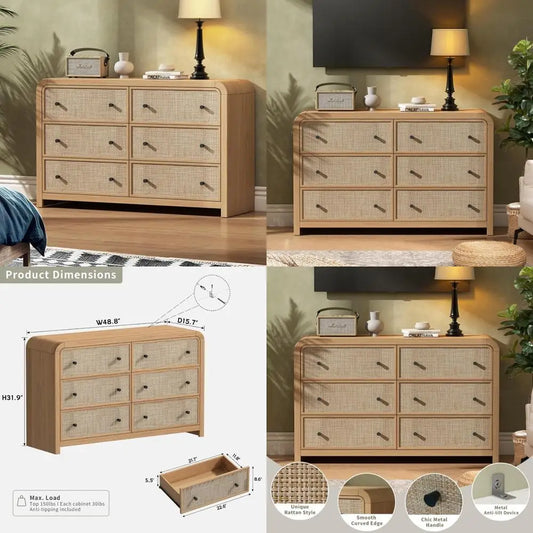 TIFICY Boho Rattan 6 Drawer Dresser For Bedroom Storage