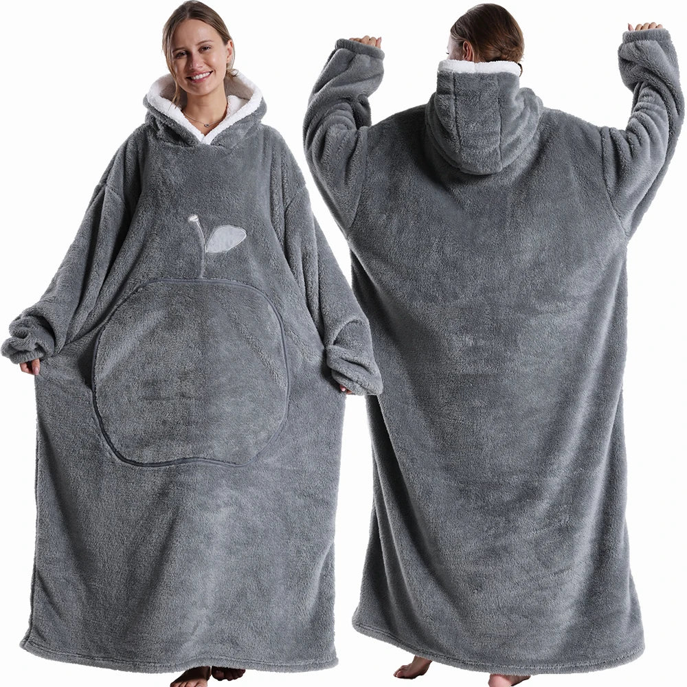 Polar Fleece Wearable Hooded Blanket With Sleeves For Adults