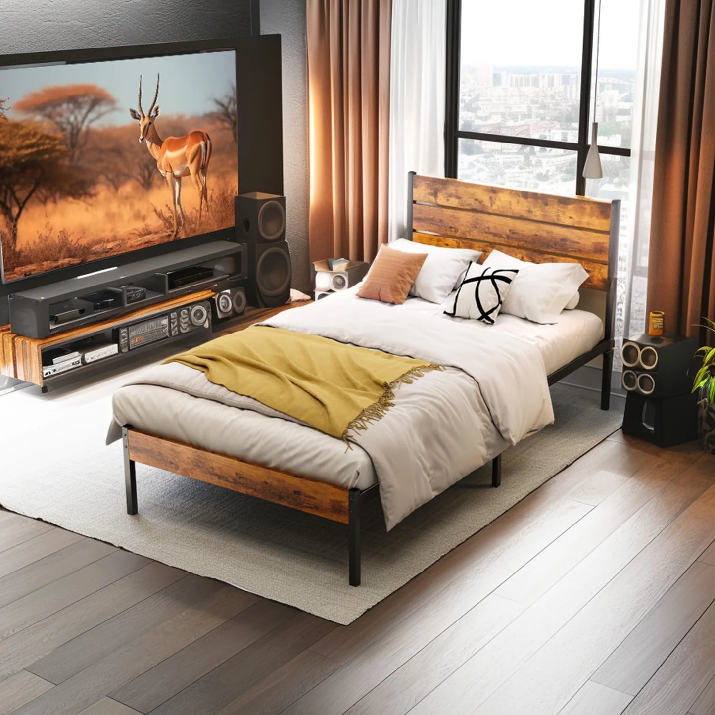 JHK Metal Platform Bed Frame With Headboard And Wooden Slats