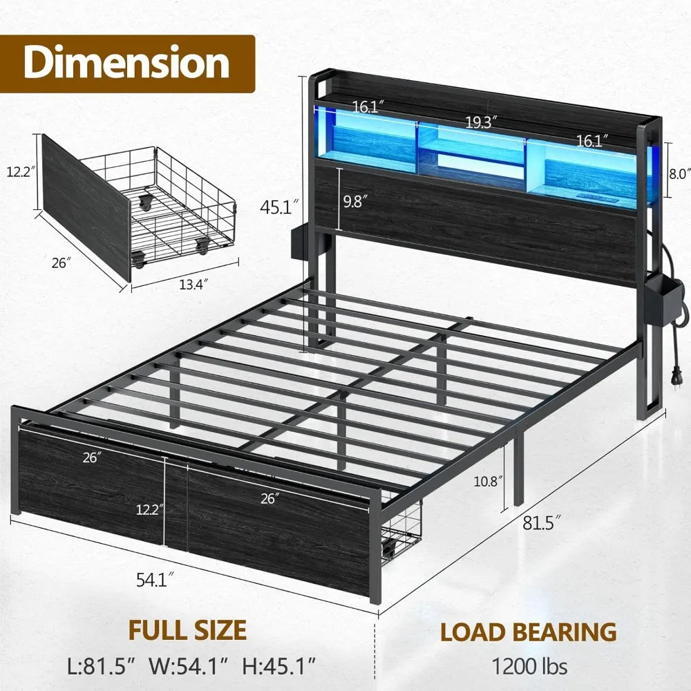 ANGDUO Bed Frame With Wood Headboard Storage Drawers