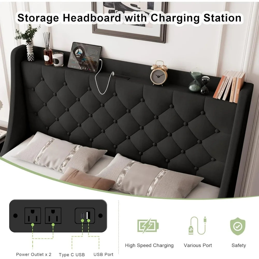 XMSJ Wingback Bed With Storage Drawers And Headboard