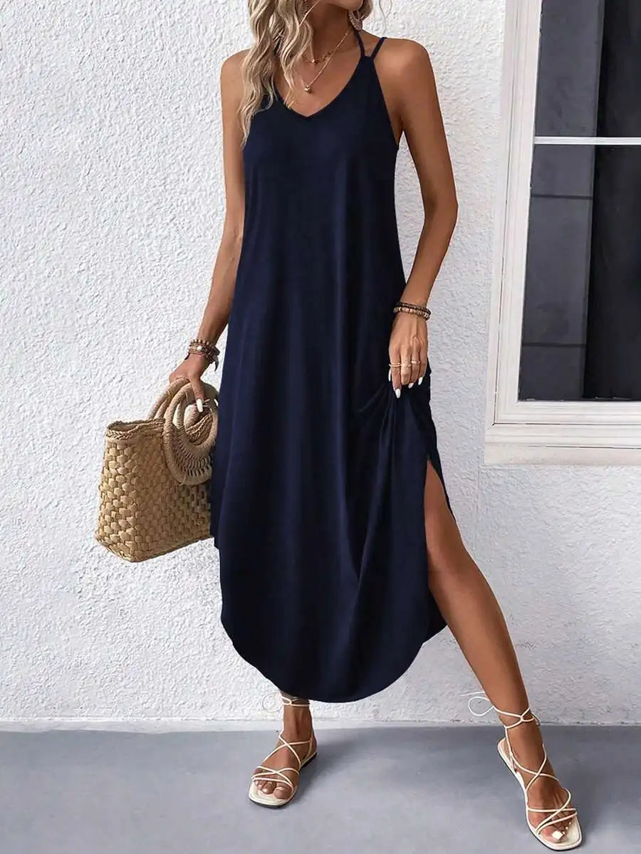 Sleeveless V Neck Maxi Dress With Side Slit Flowy Fit Casual Summer