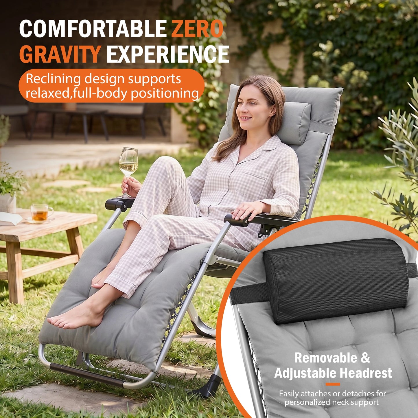 JHK Zero Gravity Outdoor Camping Lounge Chair With Cup Holders