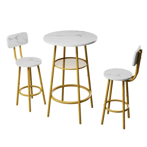 Three Piece Dining Table Set With Faux Marble Tabletop