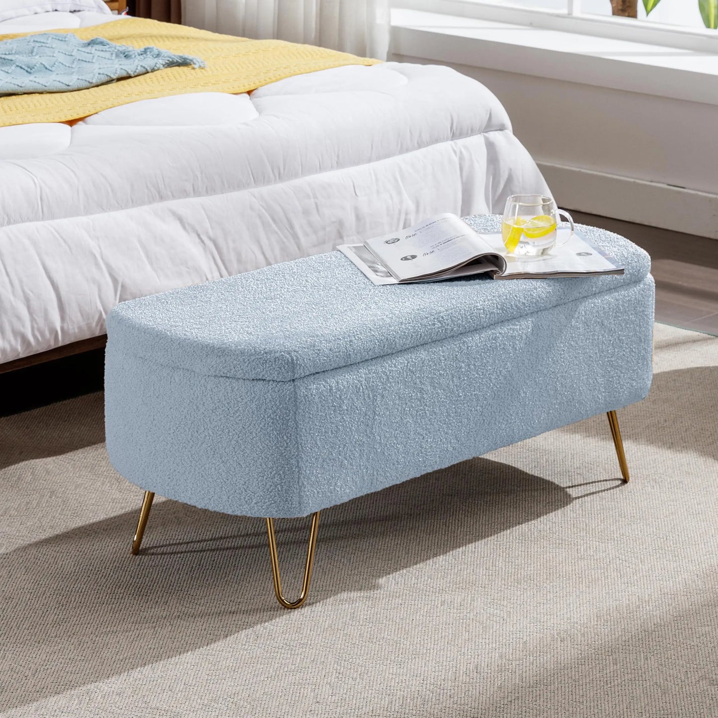 TODRAN LuxuriouslyCrafted Boucle Sherpa Upholstered Storage Ottoman Bench Gold Legs