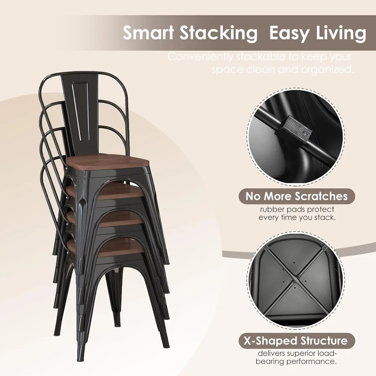 Industrial Metal Dining Chairs Set Of 8 Stackable High Back