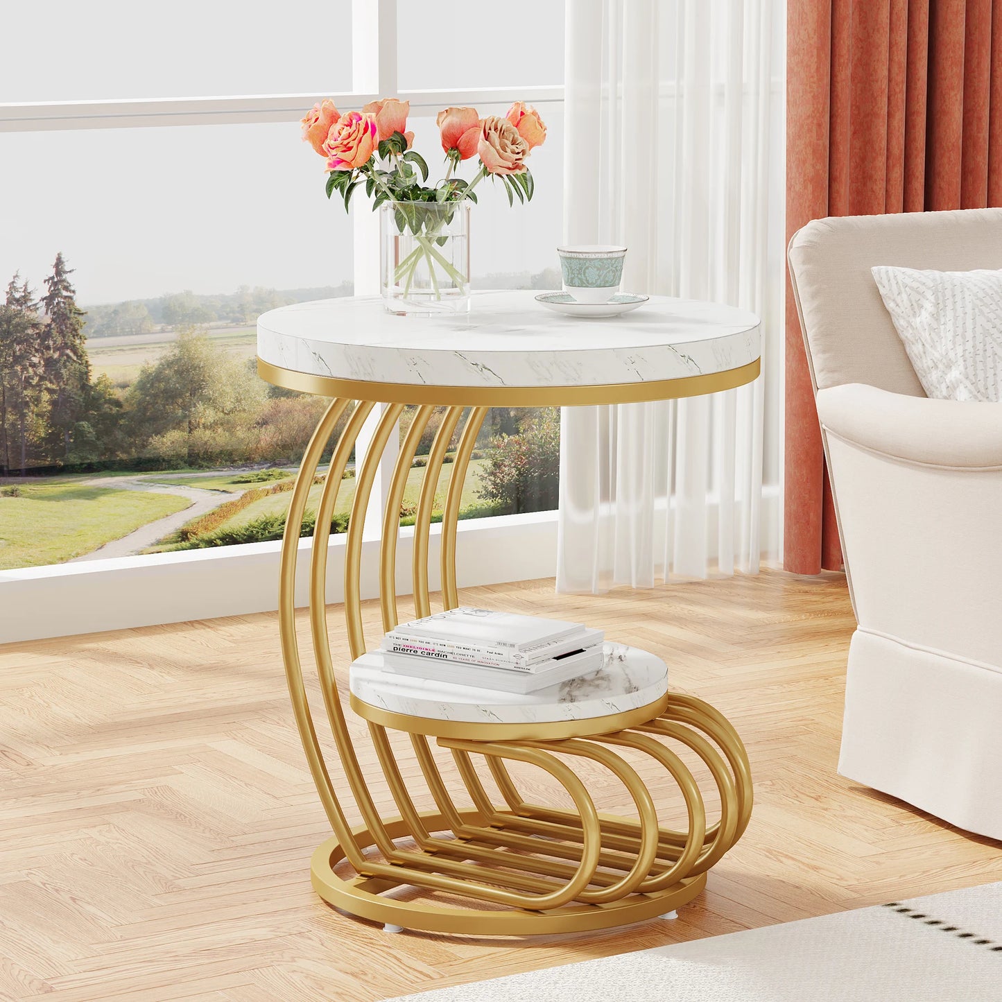 Tribesigns Gold Round End Table With Two Tiers Faux Marble