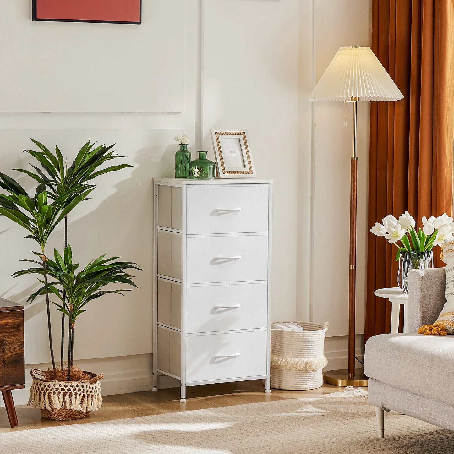 JHK Modern Dresser With Four Fabric Drawers Steel Frame