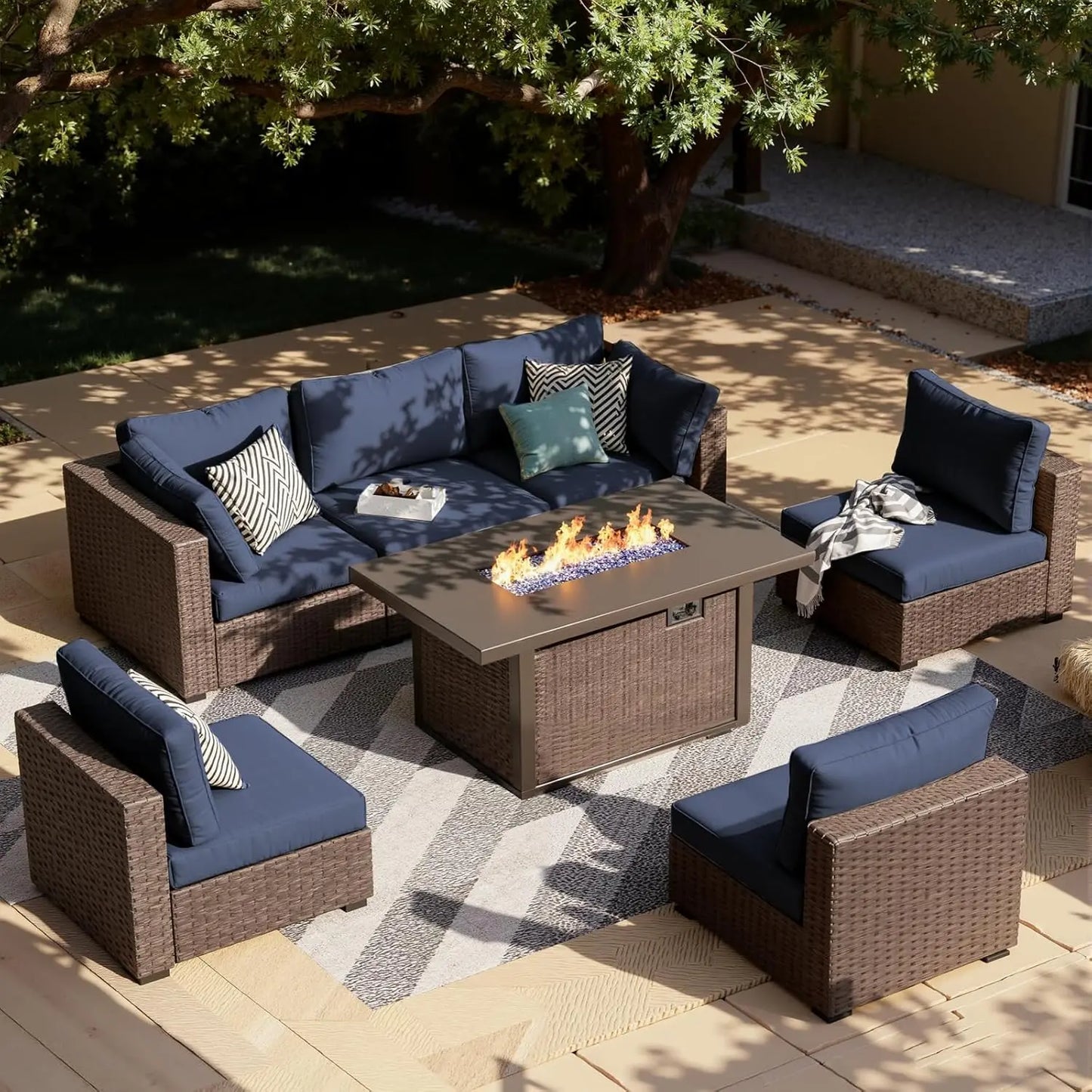 XIAOLANG 7-Piece Outdoor Patio Furniture Set Wicker Fire Pit Table