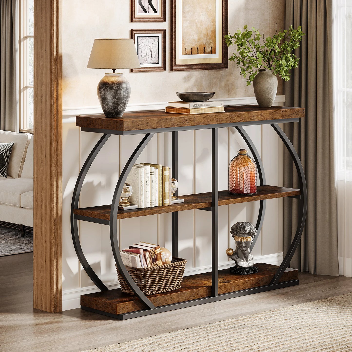 Tribesigns Industrial Console Table With Arched Metal Frame And Storage Shelves