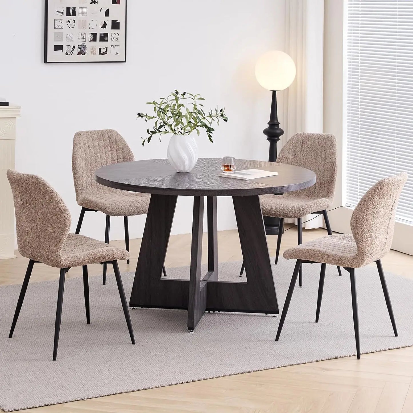 Round Mid-Century Dining Table Set With Metal Legs And Chairs