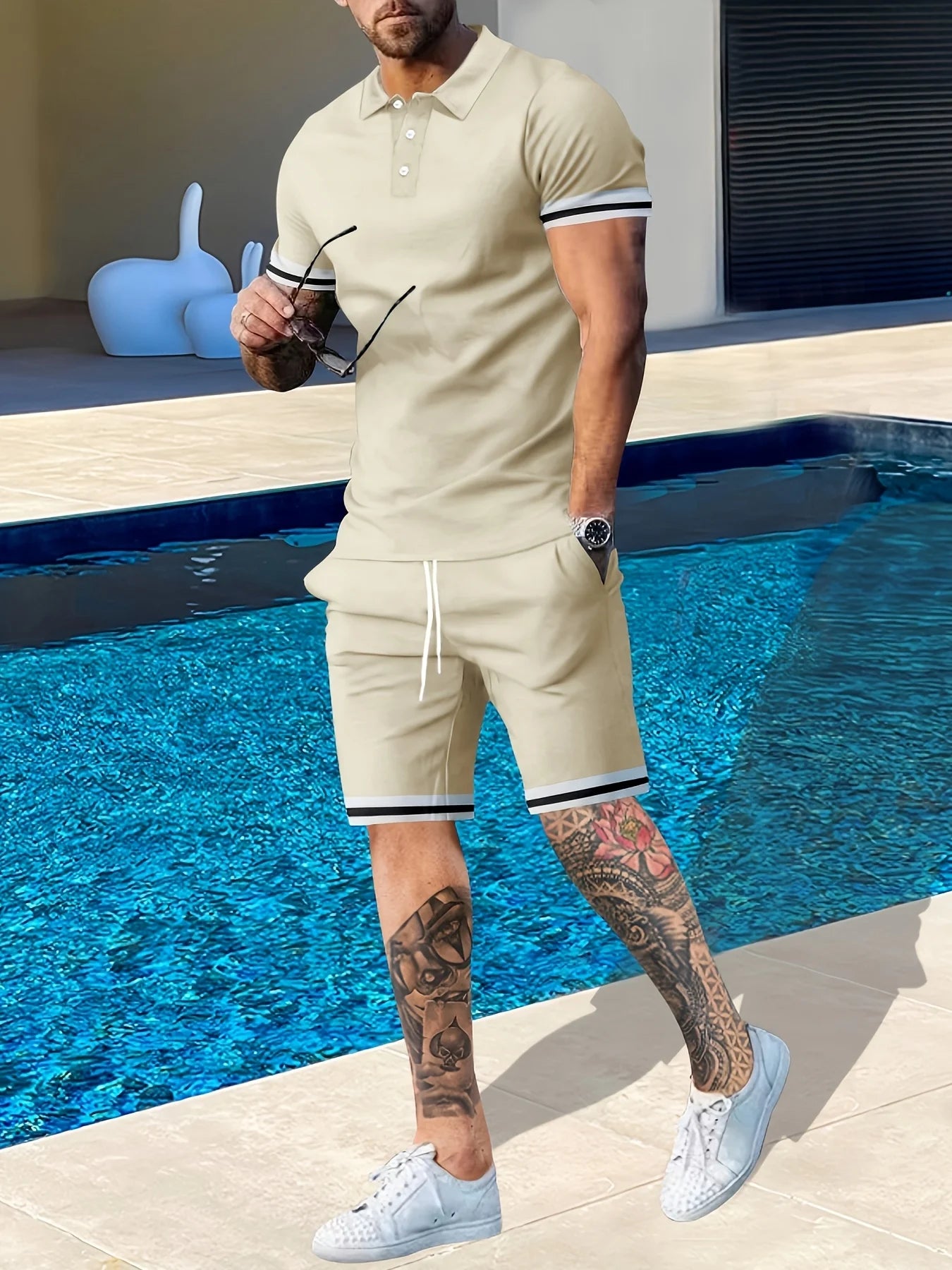 NONECN Men's Summer Short Sleeve Polo And Shorts Two-Piece Set