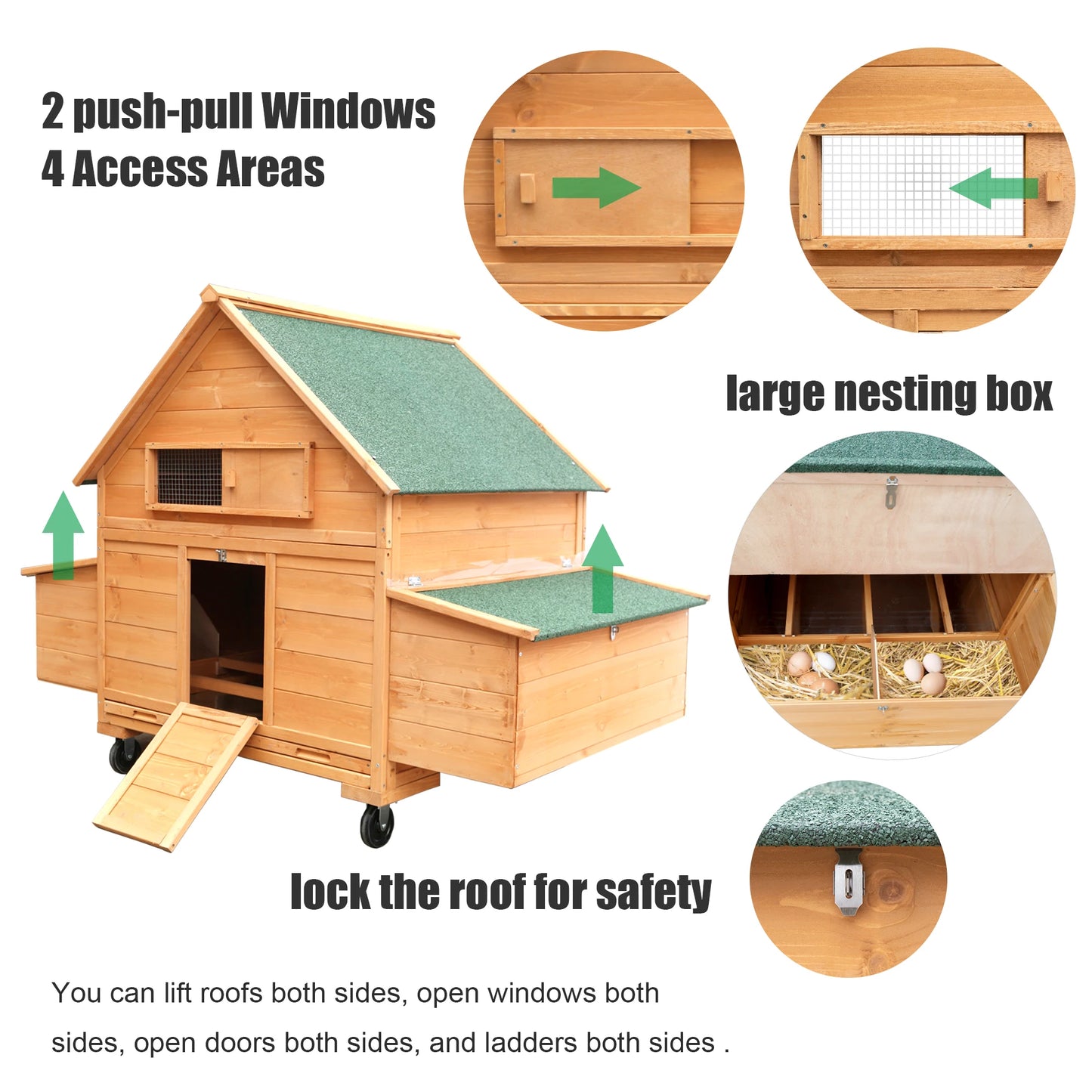 Mobile Wooden Chicken Coop On Wheels 6-8 Chickens Nesting Box