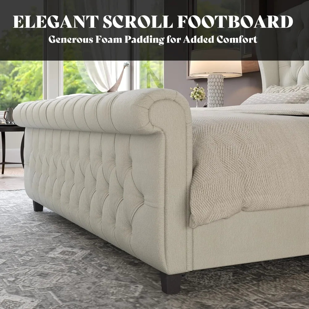 Velvet Upholstered Platform Bed Frame With Scroll Headboard And Footboard
