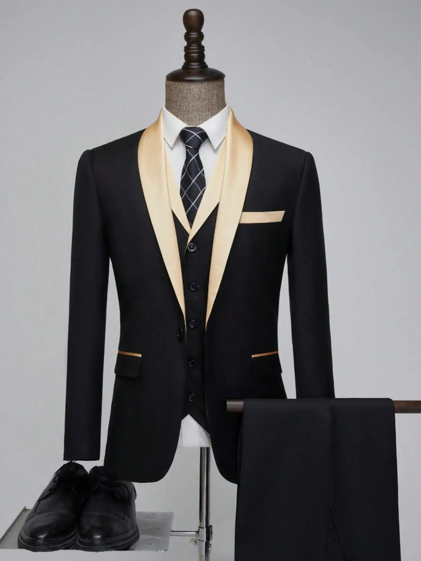 NONECN Men's 3 Piece Slim Tuxedo Suit Blazer Vest Pants