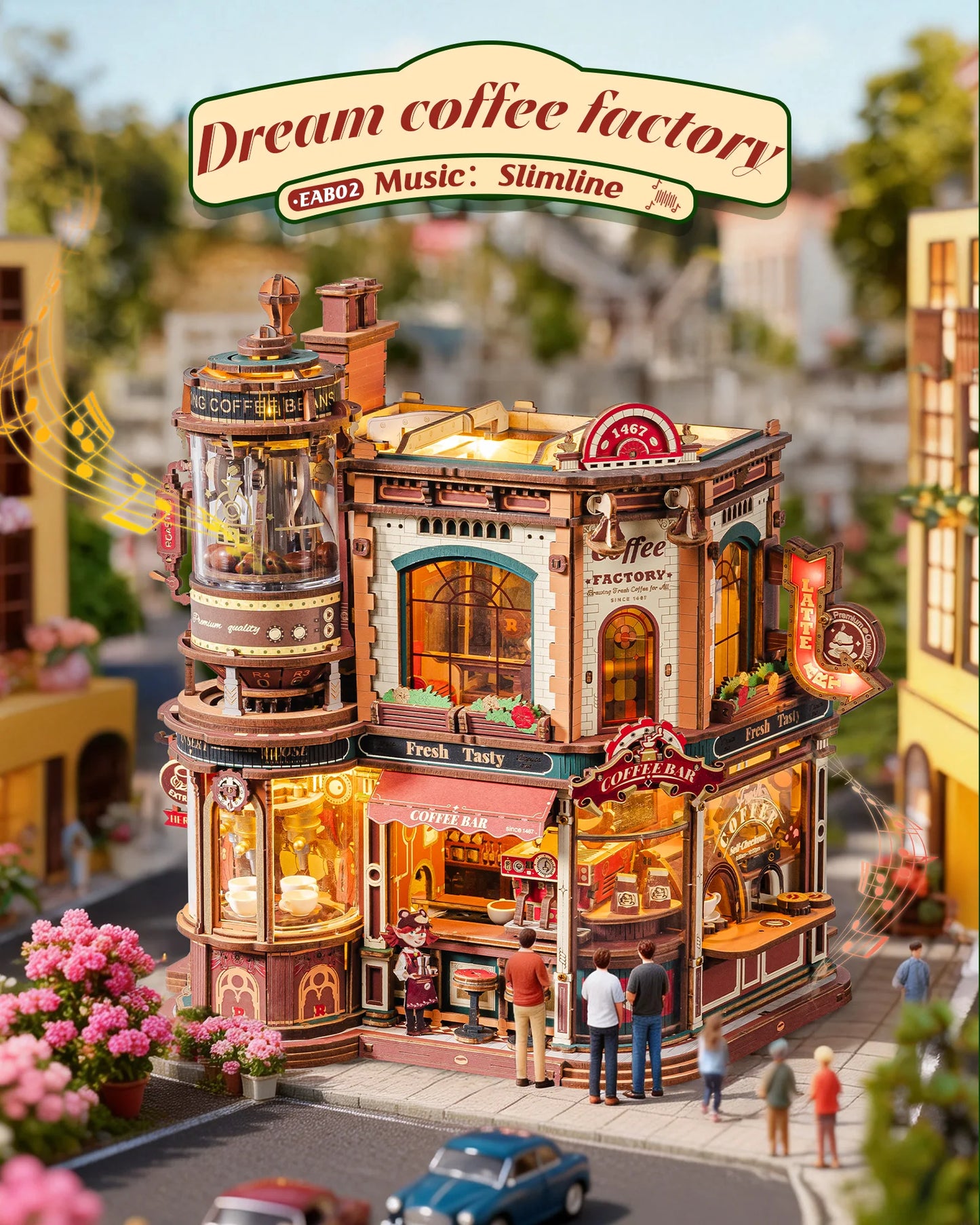 ROKR Wooden 3D Puzzle Dream Coffee Factory Music Box Kit