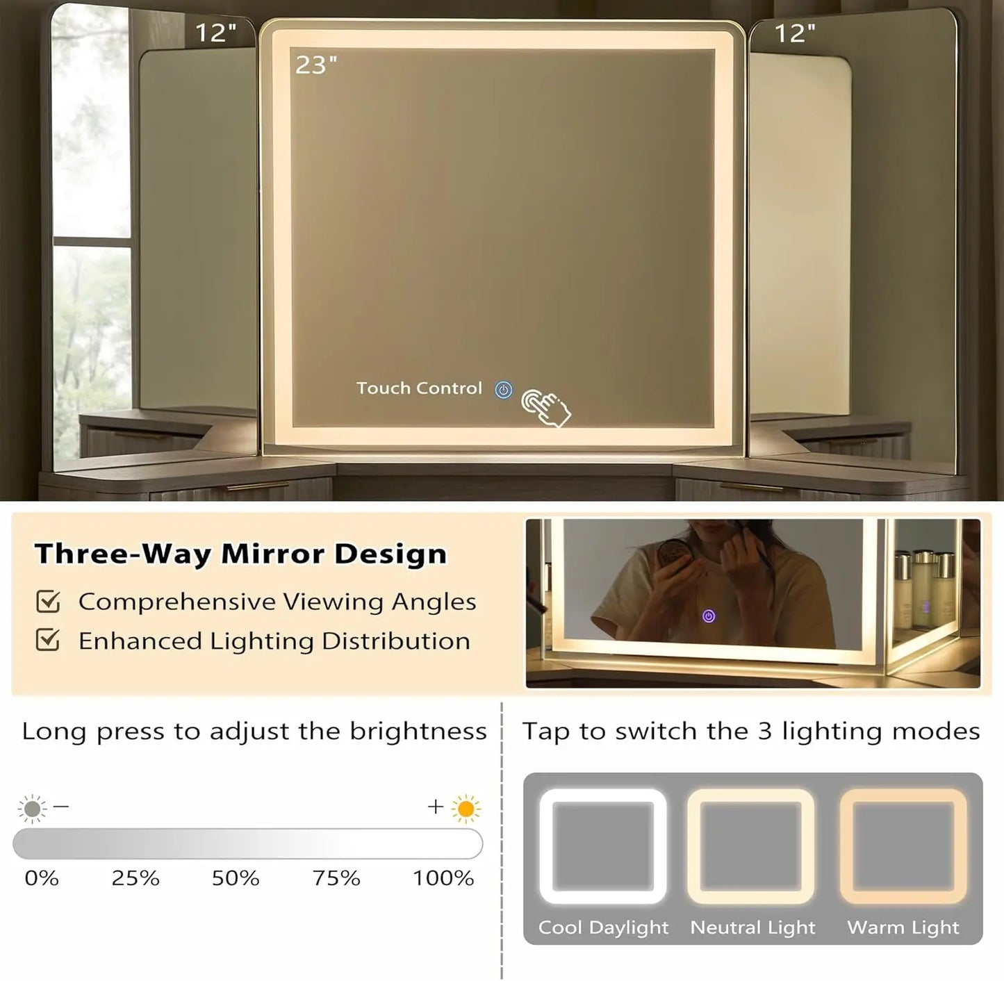 Fluted Makeup Vanity Desk With Three Way Mirror And Lights