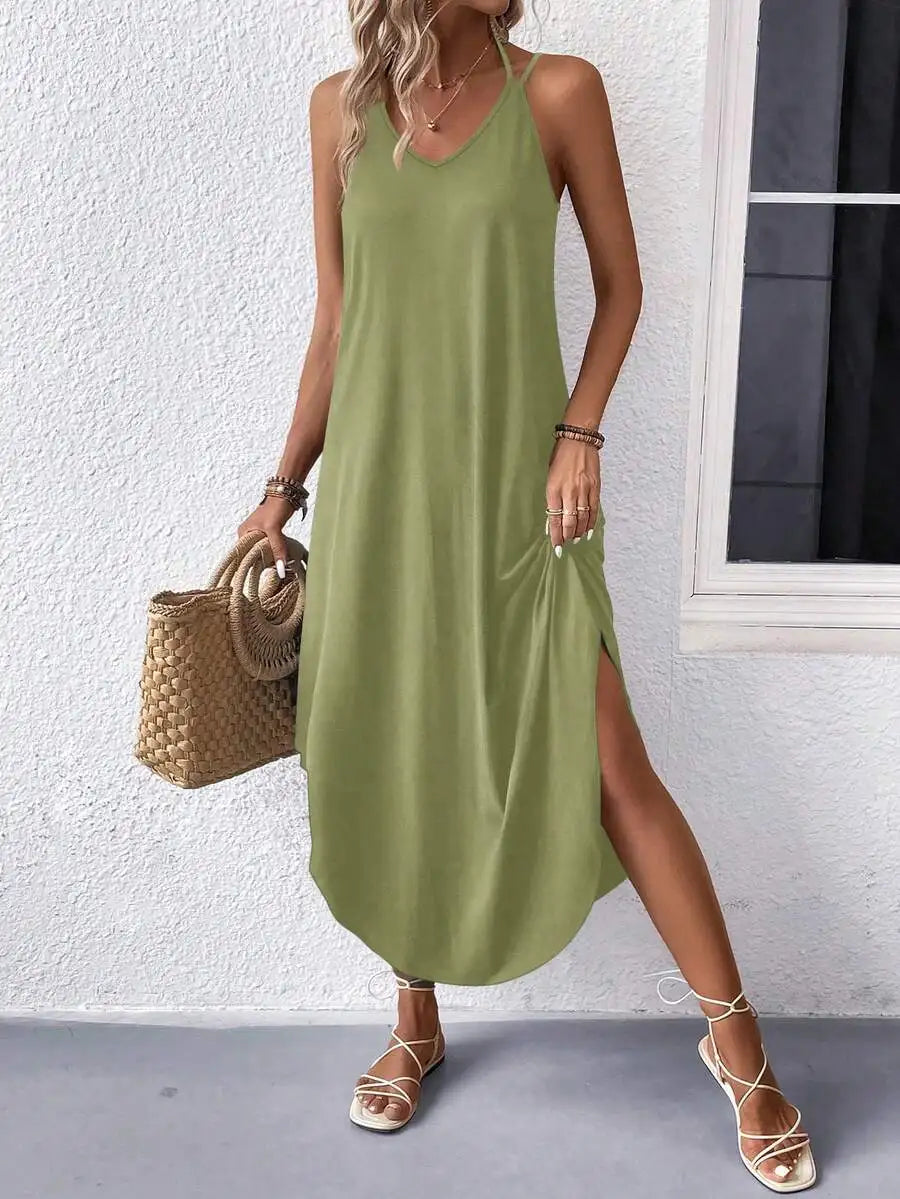 Sleeveless V Neck Maxi Dress With Side Slit Flowy Fit Casual Summer