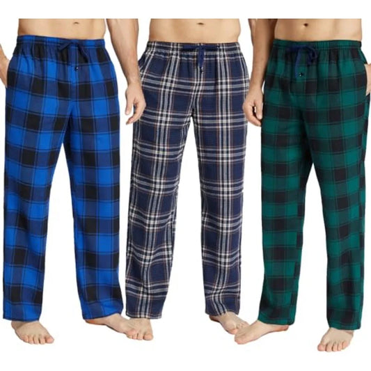 Mens Pajama Pants Set 3 Pack With Pockets Button Fly