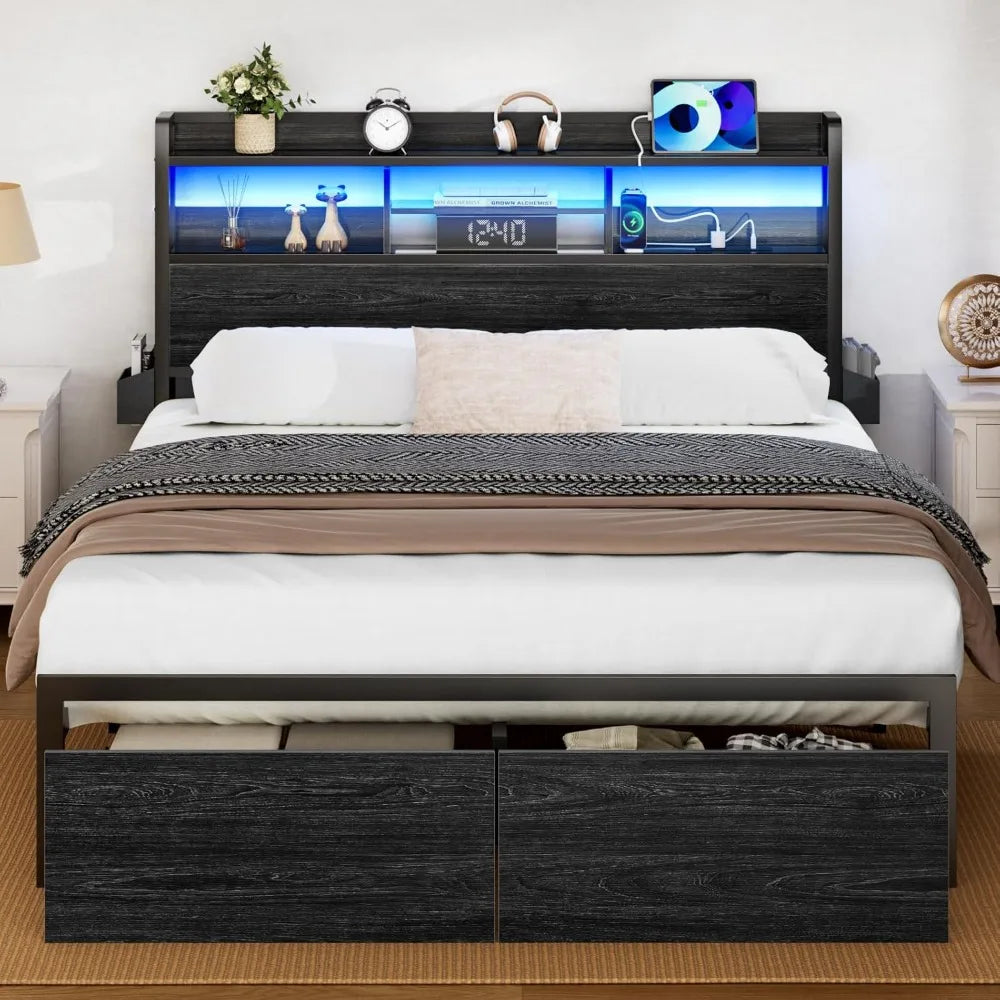 ANGDUO Bed Frame With Wood Headboard Storage Drawers