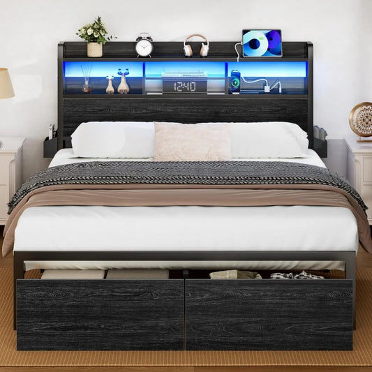 ANGDUO Bed Frame With Wood Headboard Storage Drawers