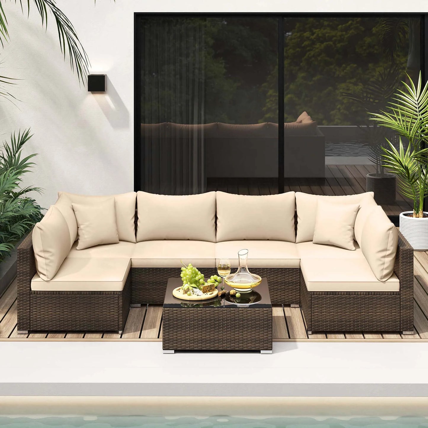 Homasis 7 Piece Patio Rattan Furniture Set Cushioned Sofa