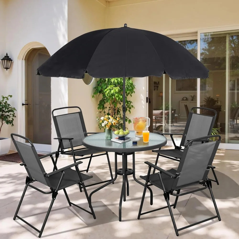 Six Piece Folding Patio Dining Set With Outdoor Umbrella