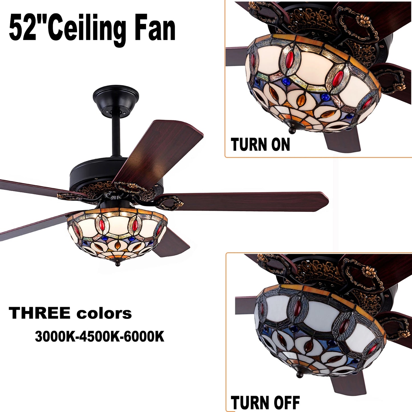 Bymaocar Elegant Tiffany Wooden Ceiling Fan With Three Lights And Remote Control
