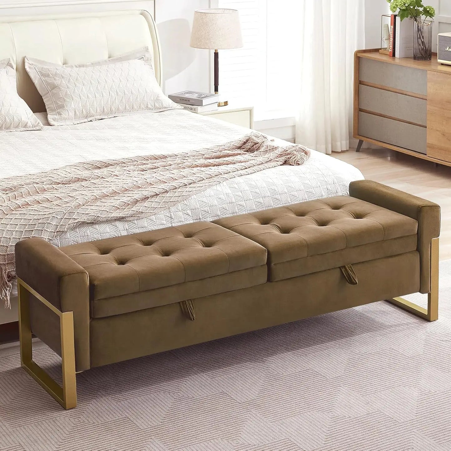 Bed End Storage Bench With Velvet Upholstery And Metal Legs