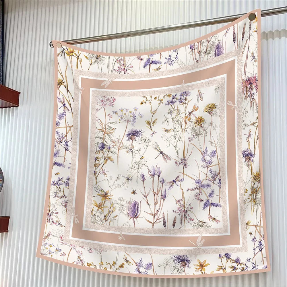 Floral Silk Twill Square Scarf Hijab Shawl For Women
