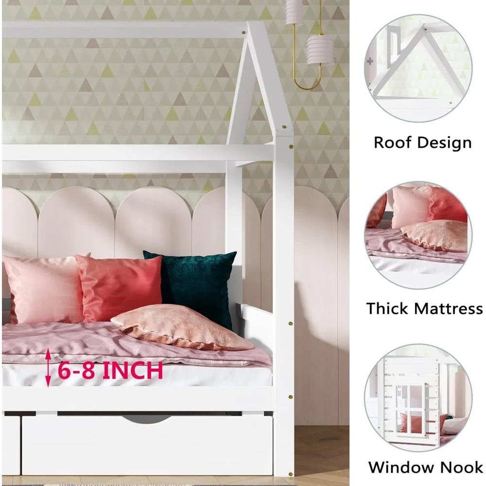 MKDK Kid House Bed Frame With Window And Roof With 2 Drawers