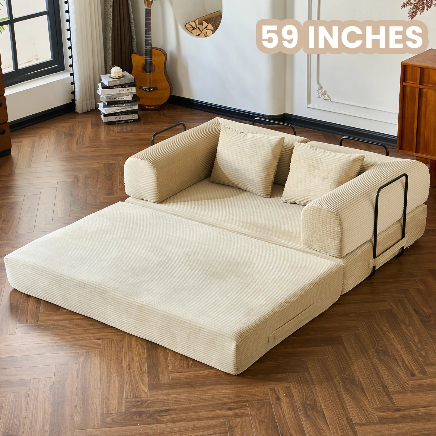 Foldable Convertible Futon Sofa Bed With L-Shaped Armrests Living Room