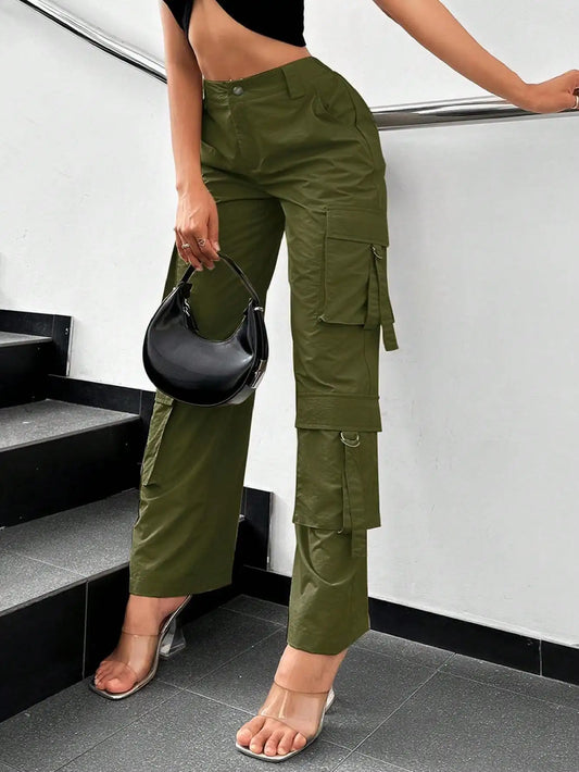 NONECN Ladies High-Waisted Wide-Leg Work Pants With Pockets