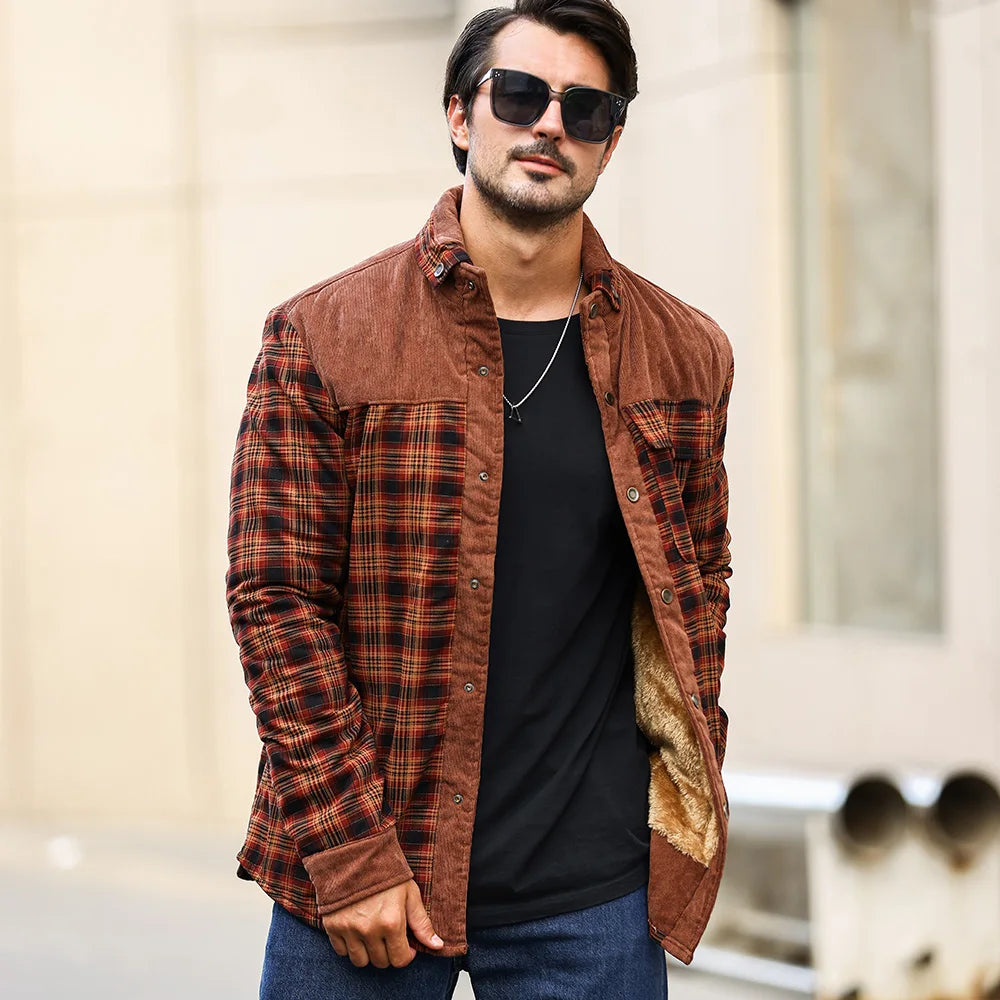 NONECN Men's Plaid Sherpa Lined Winter Bomber Jacket